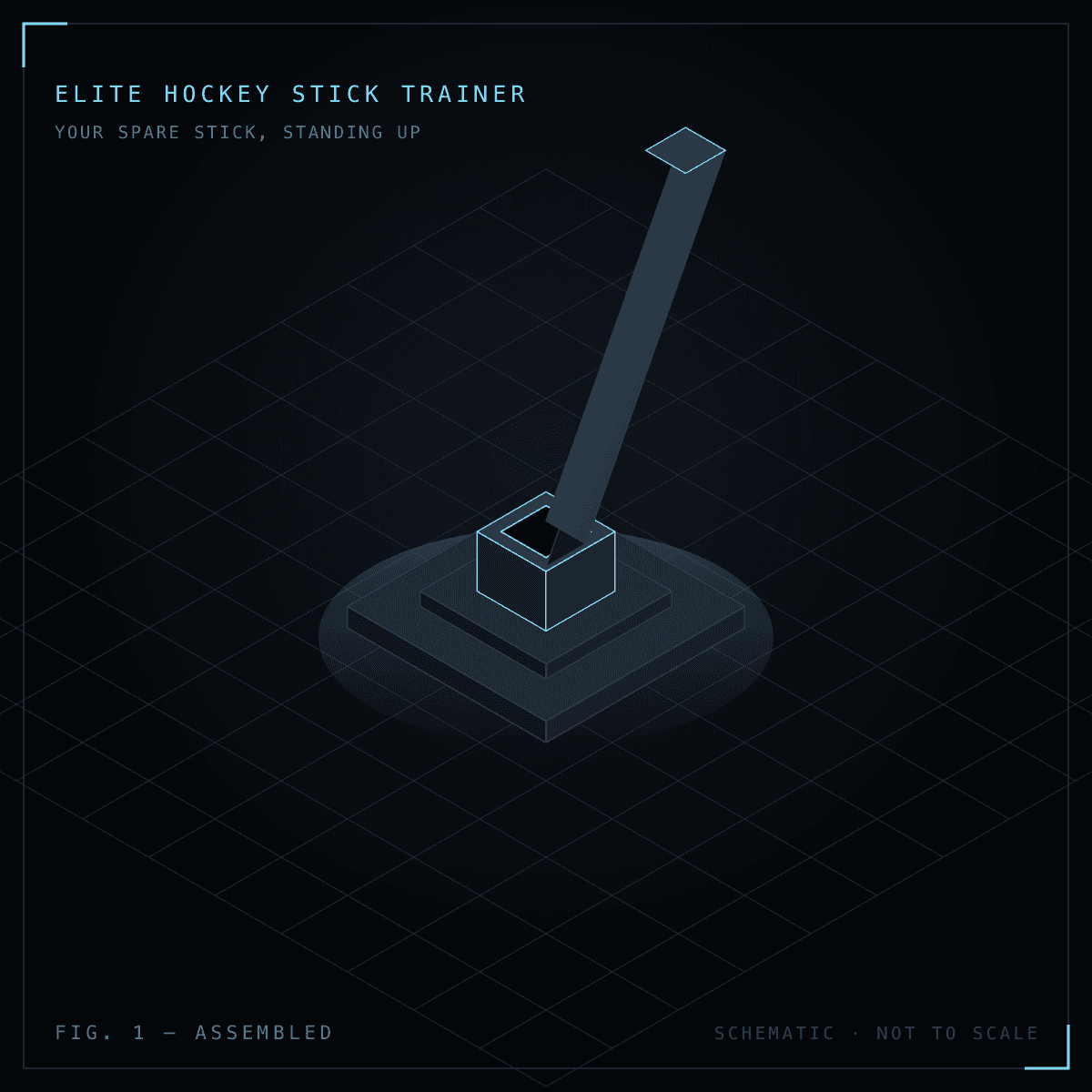 Isometric schematic of the Elite Hockey Stick Trainer: a hockey stick shaft standing upright in the base unit's collar on the ice.