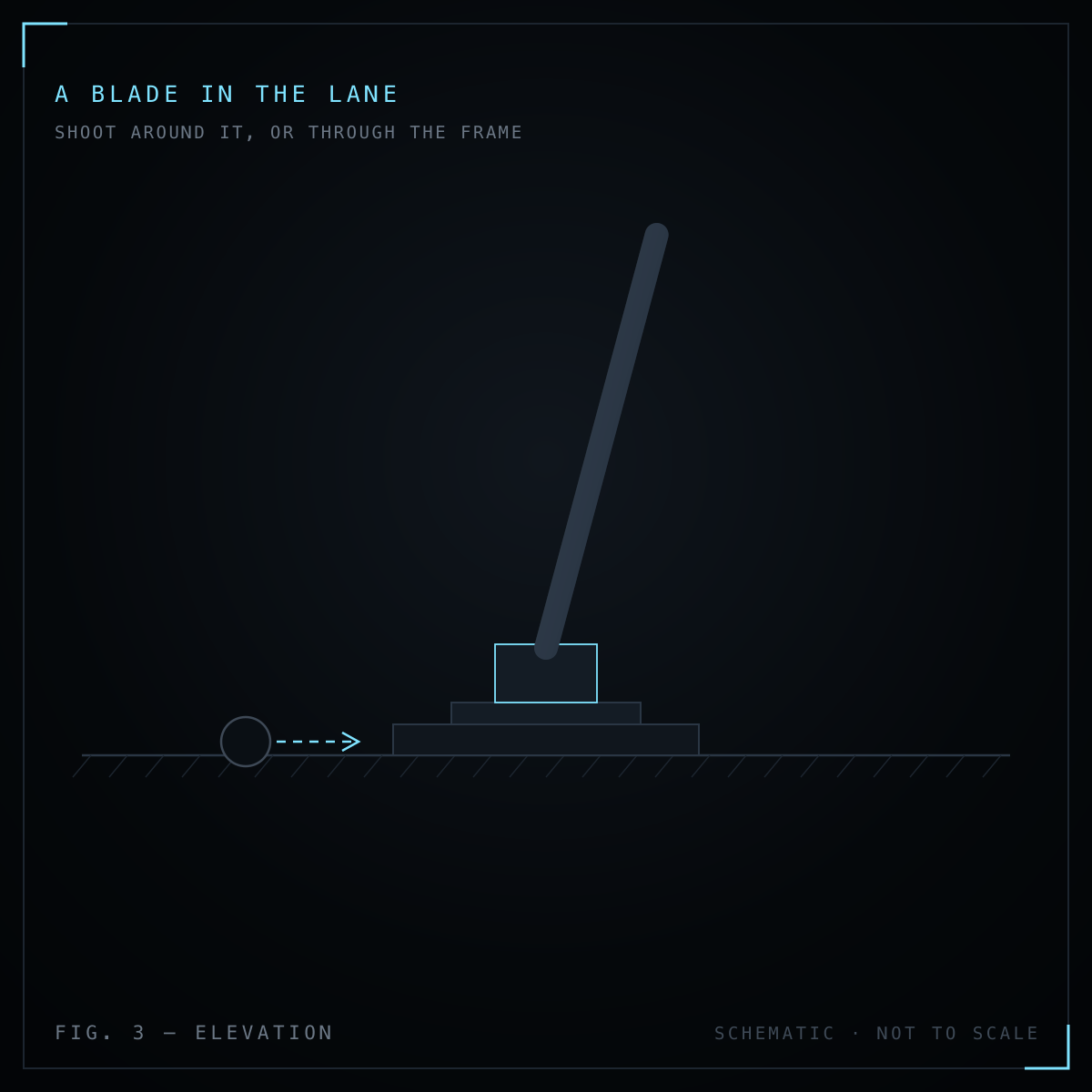 Side-view schematic of the Elite Hockey Stick Trainer holding a stick angled over the ice, with a puck approaching the shooting lane.